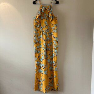 Petite Anthropologie Ruffled Yellow Crane and Floral Jumpsuit Size 10 P